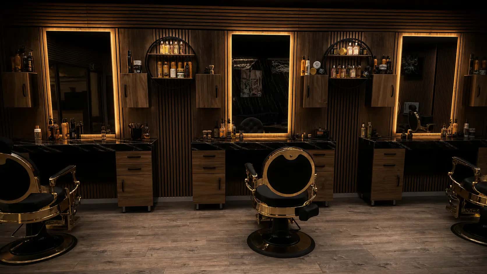 Innenraum des NORF Barbershops in Neuss-Norf mit goldenen Barberstühlen